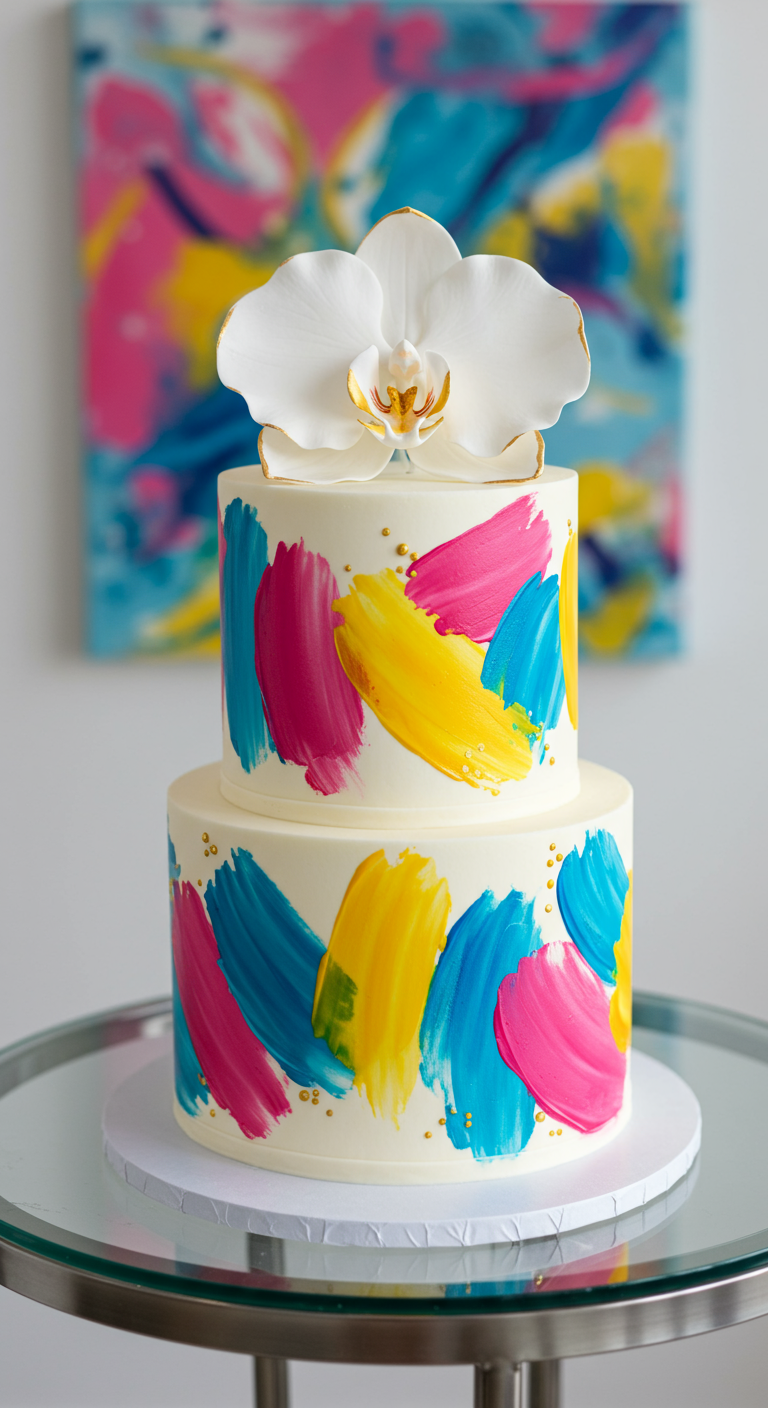 Zweistöckige weiße Torte mit bunten Pinselstrichen und weißer Orchidee.