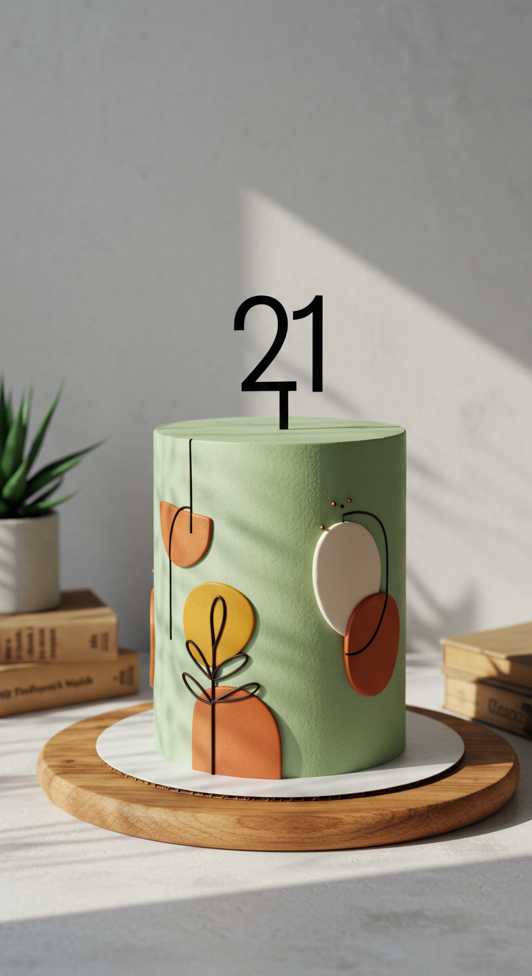 Salbeigrüne Torte mit minimalistischen abstrakten Formen und schwarzem 21-Topper.