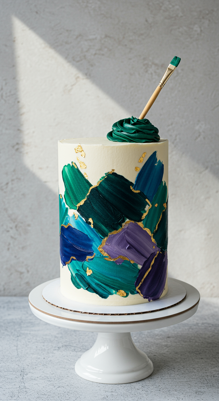 Hohe weiße Torte mit abstrakten Pinselstrichen in Grün-, Blau- und Lilatönen und Goldakzenten.