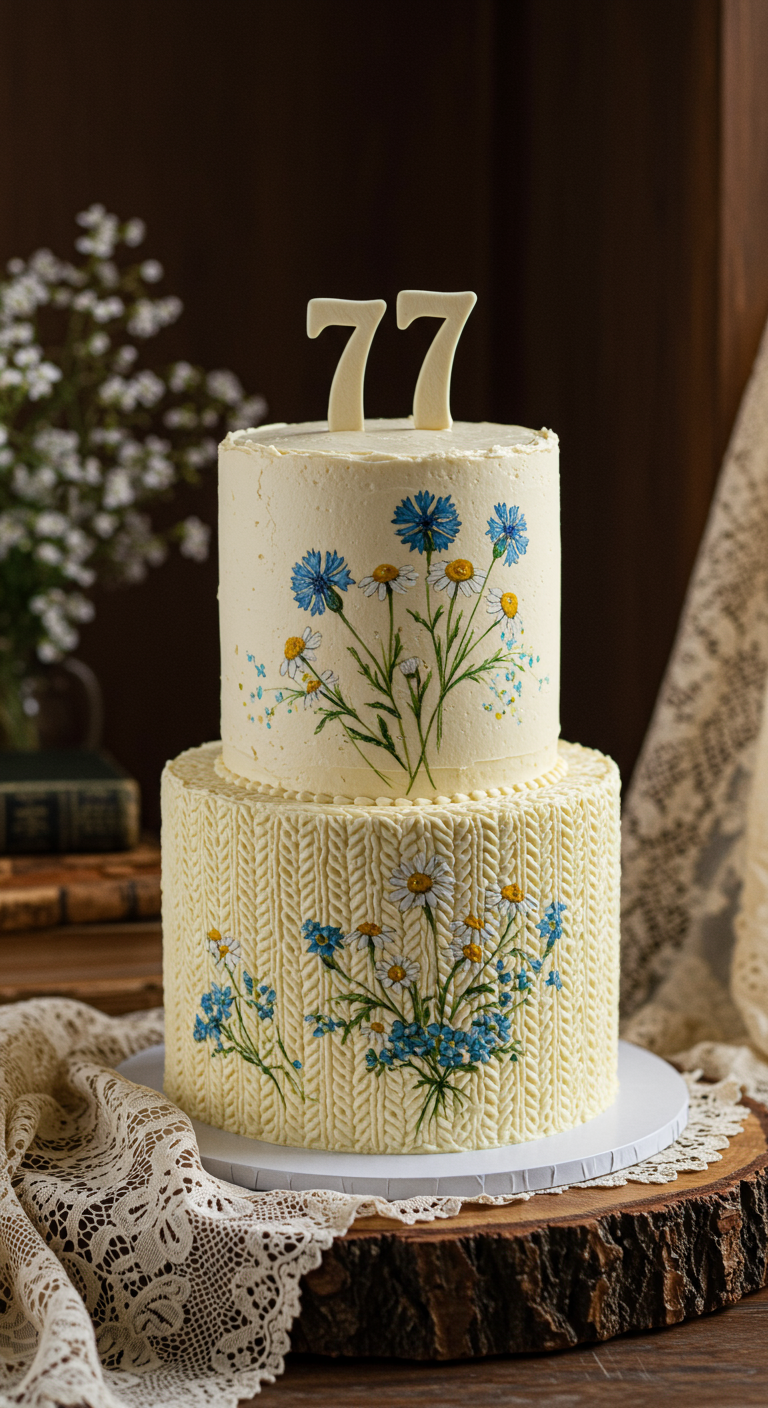 Zweistöckige Cremetorte, unten Strickmuster, oben glatt, beide mit gemalten Wiesenblumen.