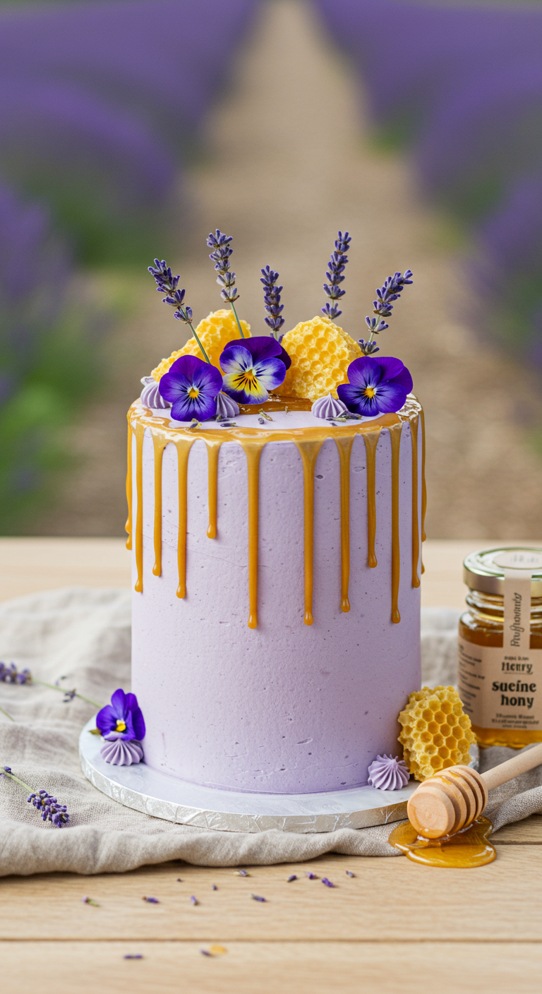 Fliederfarbene Torte mit Honig-Drip, Waben und essbaren Blüten.