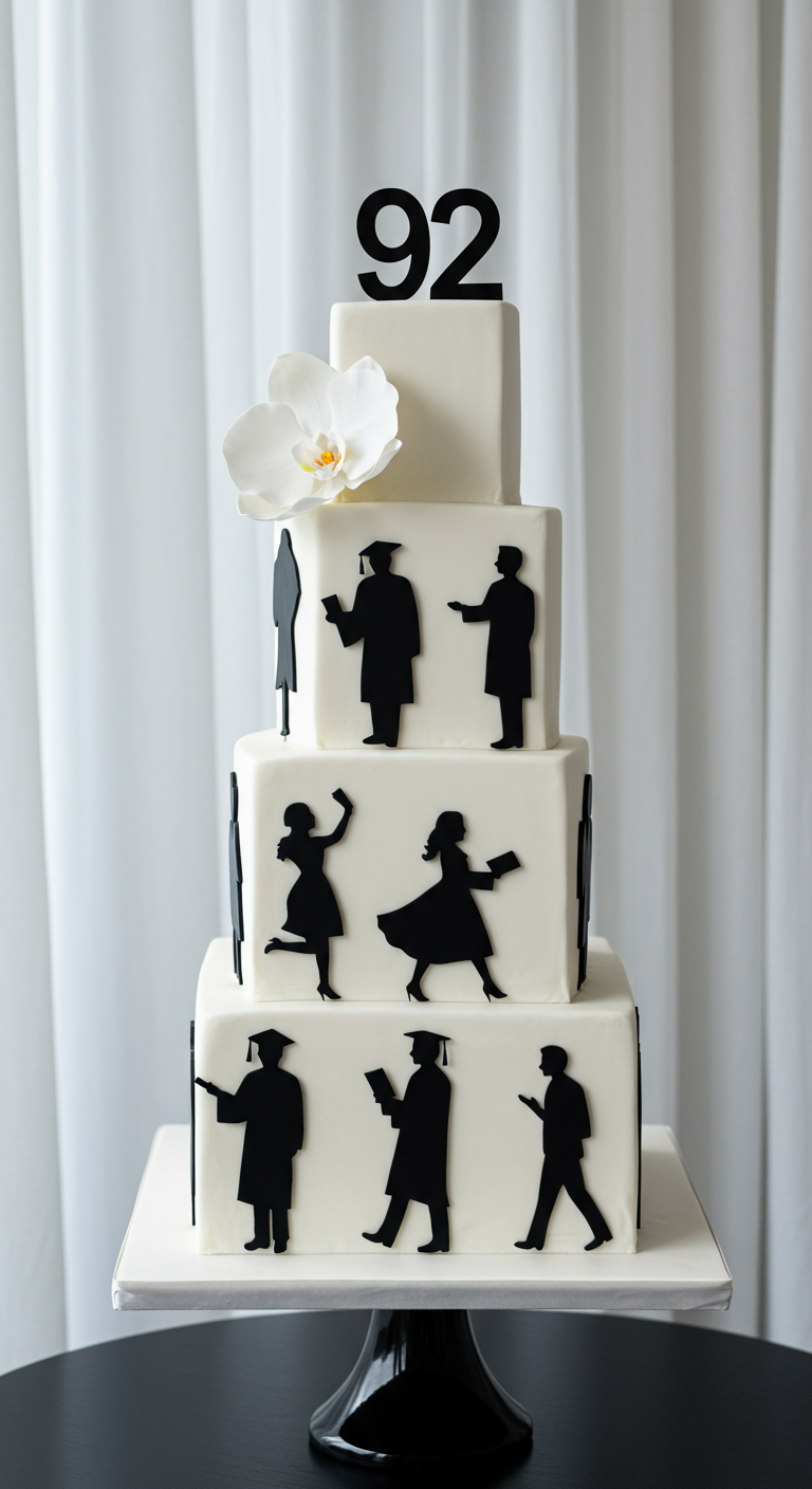 Weiße mehrstöckige Torte mit schwarzen Silhouetten und Zahl 92.