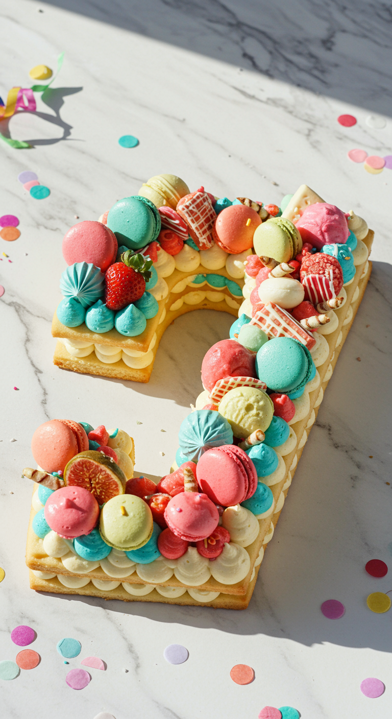 Kuchen in Form der Zahl 37, belegt mit Macarons, Cremetupfen und Beeren.