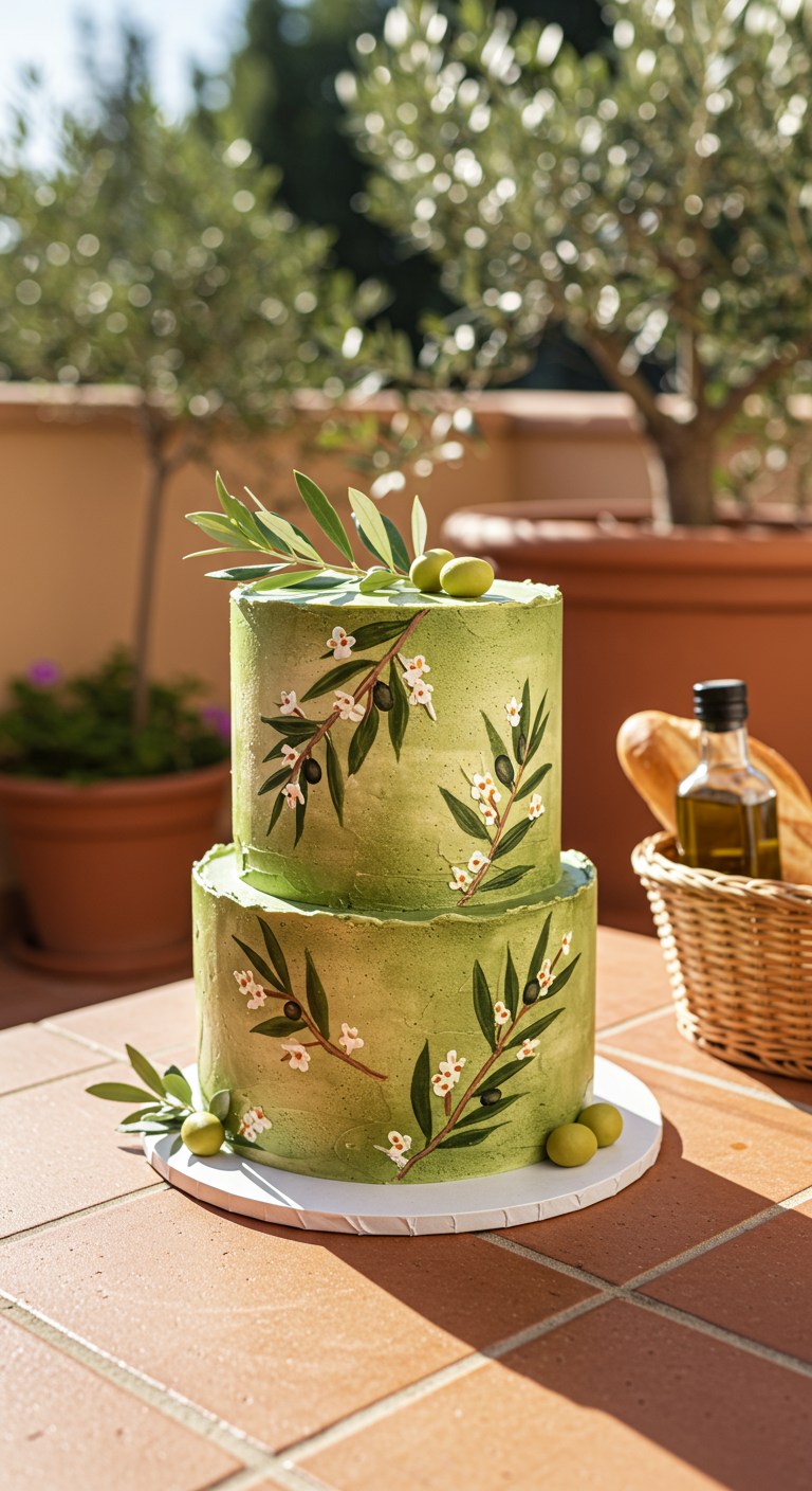 Zweistöckige olivgrüne Torte mit handgemalten Olivenzweigen.