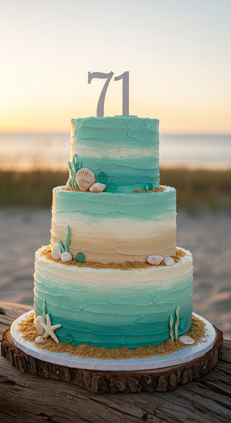 Dreistöckige Torte in Blau- und Sandtönen mit Muscheln und Seesternen, Zahl 71.