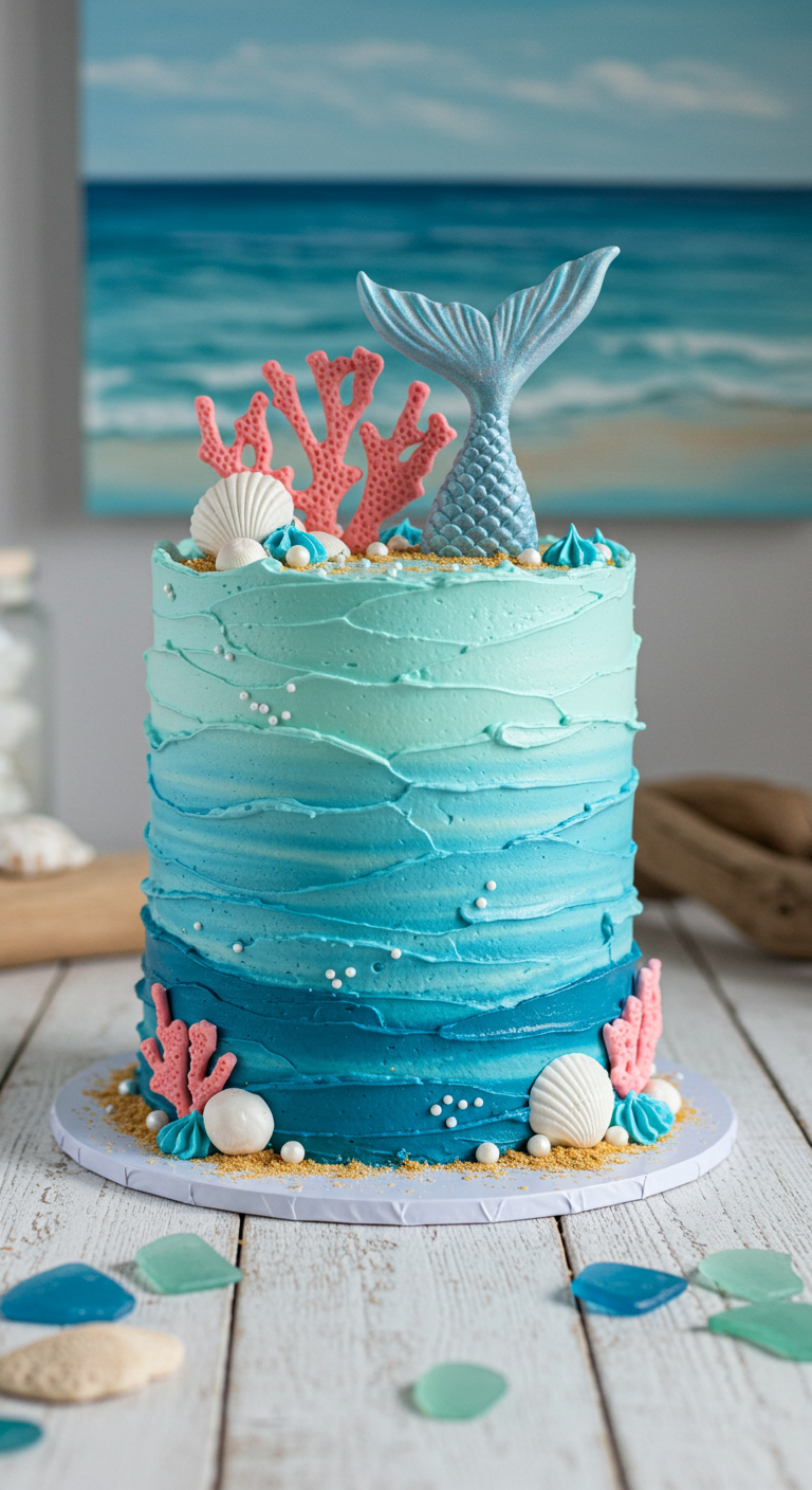 Blaue Ombré-Torte mit Meerjungfrauenflosse, Korallen und Muscheln.