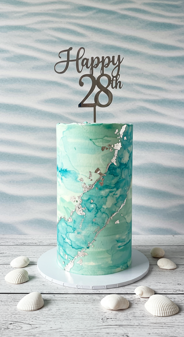Hohe Torte mit blaugrünem Aquarelleffekt, Silberakzenten und
