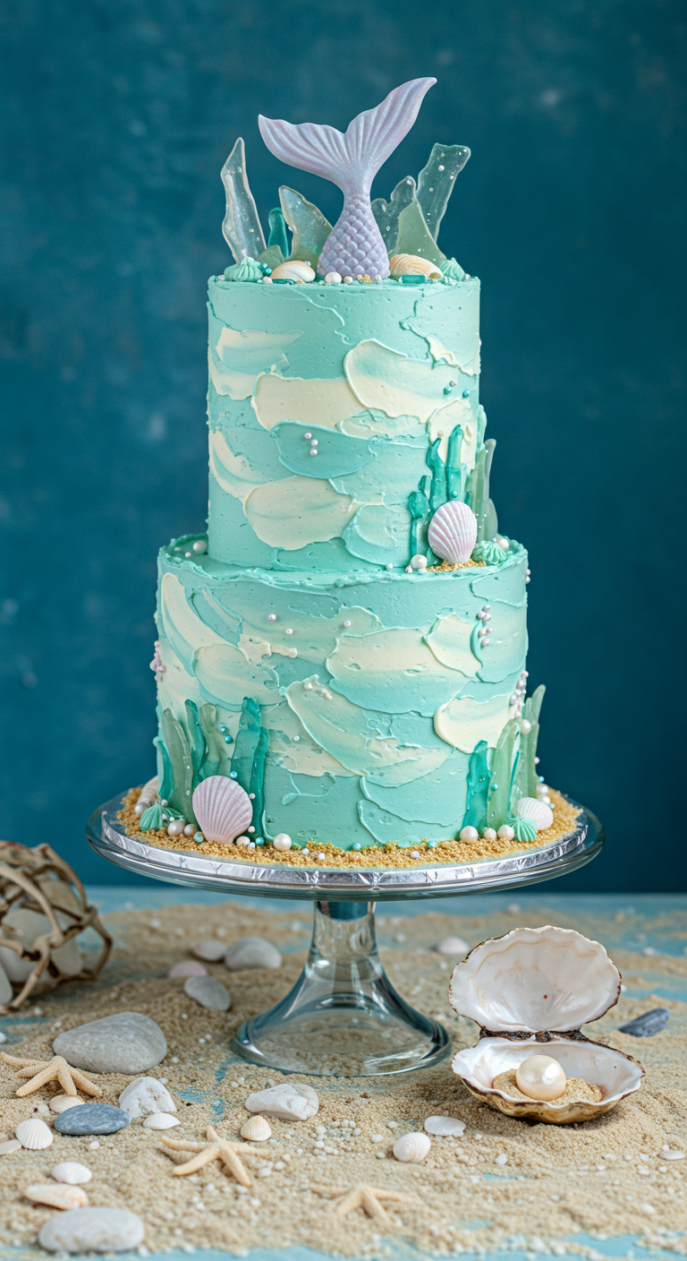 Zweistöckige türkisfarbene Torte mit Meerjungfrauenflosse, Muscheln und Wellenmuster.