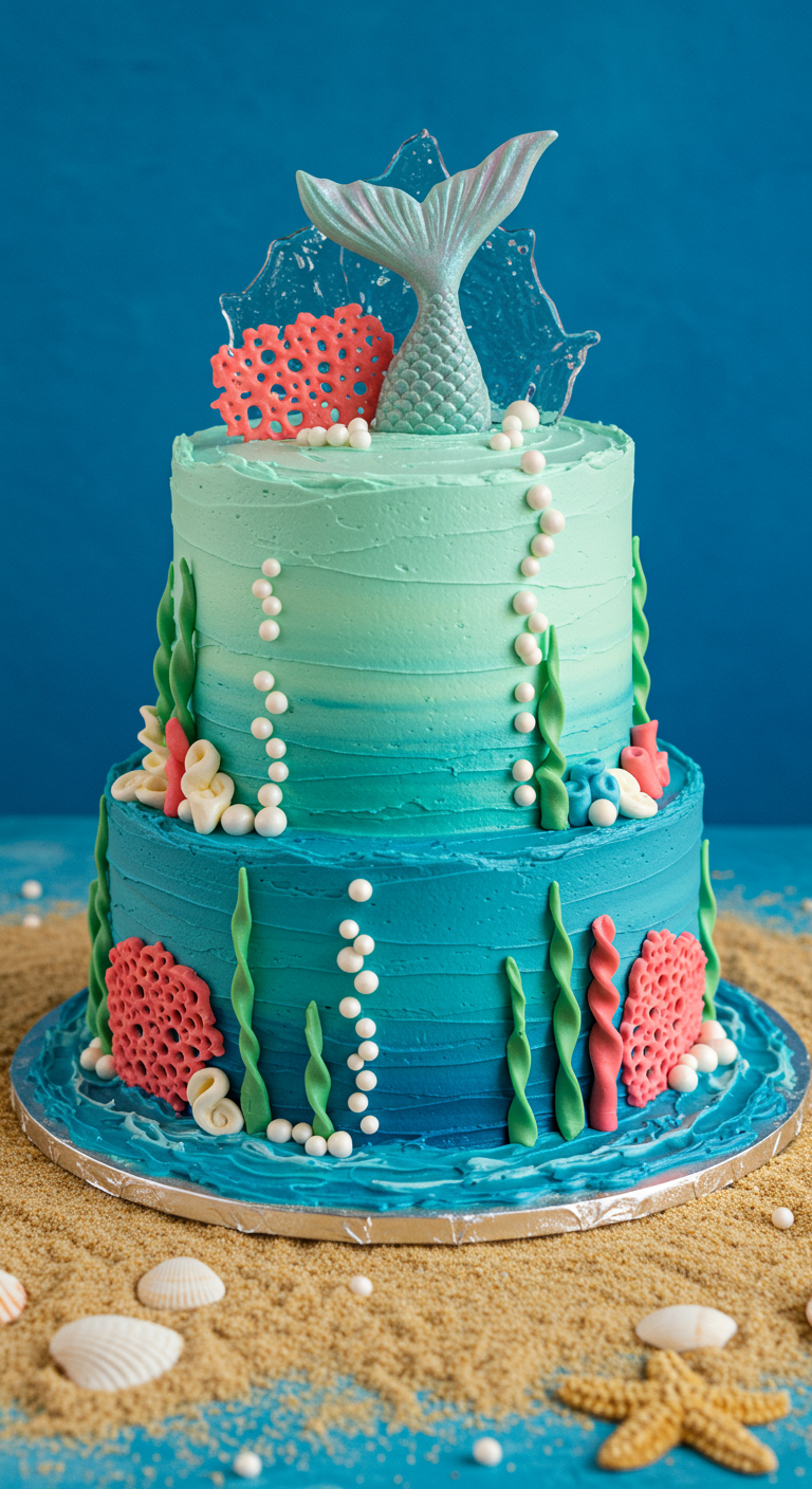 Zweistöckige Meerjungfrauen-Torte in Blau- und Türkistönen mit Flosse