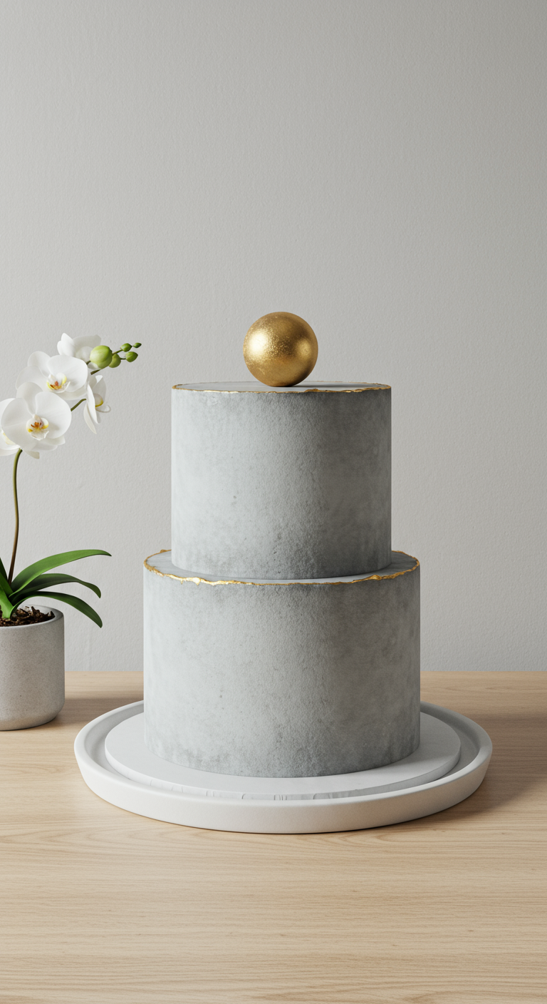 Zweistöckige graue Torte in Betonoptik mit goldenen Rändern und einer goldenen Kugel.