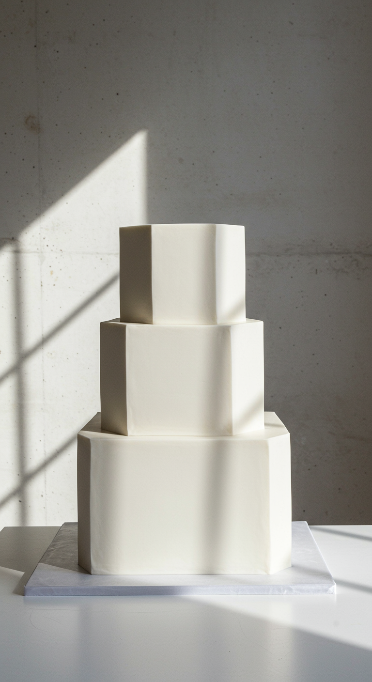 Dreistöckige, weiße Torte mit sechseckigen Etagen in minimalistischem Design.