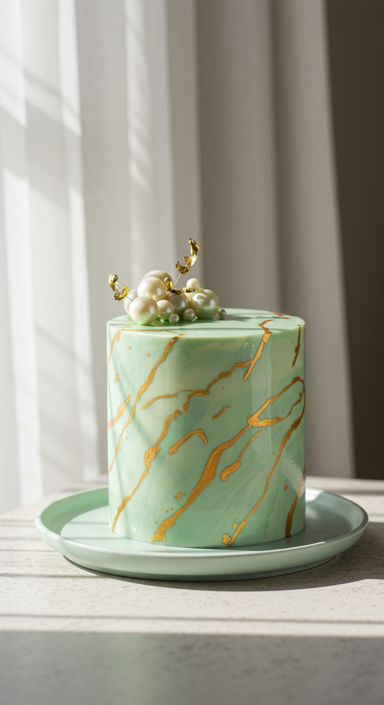 Mintgrüne Torte mit Goldmarmorierung und einem Topper aus Perlen und Goldblättchen.