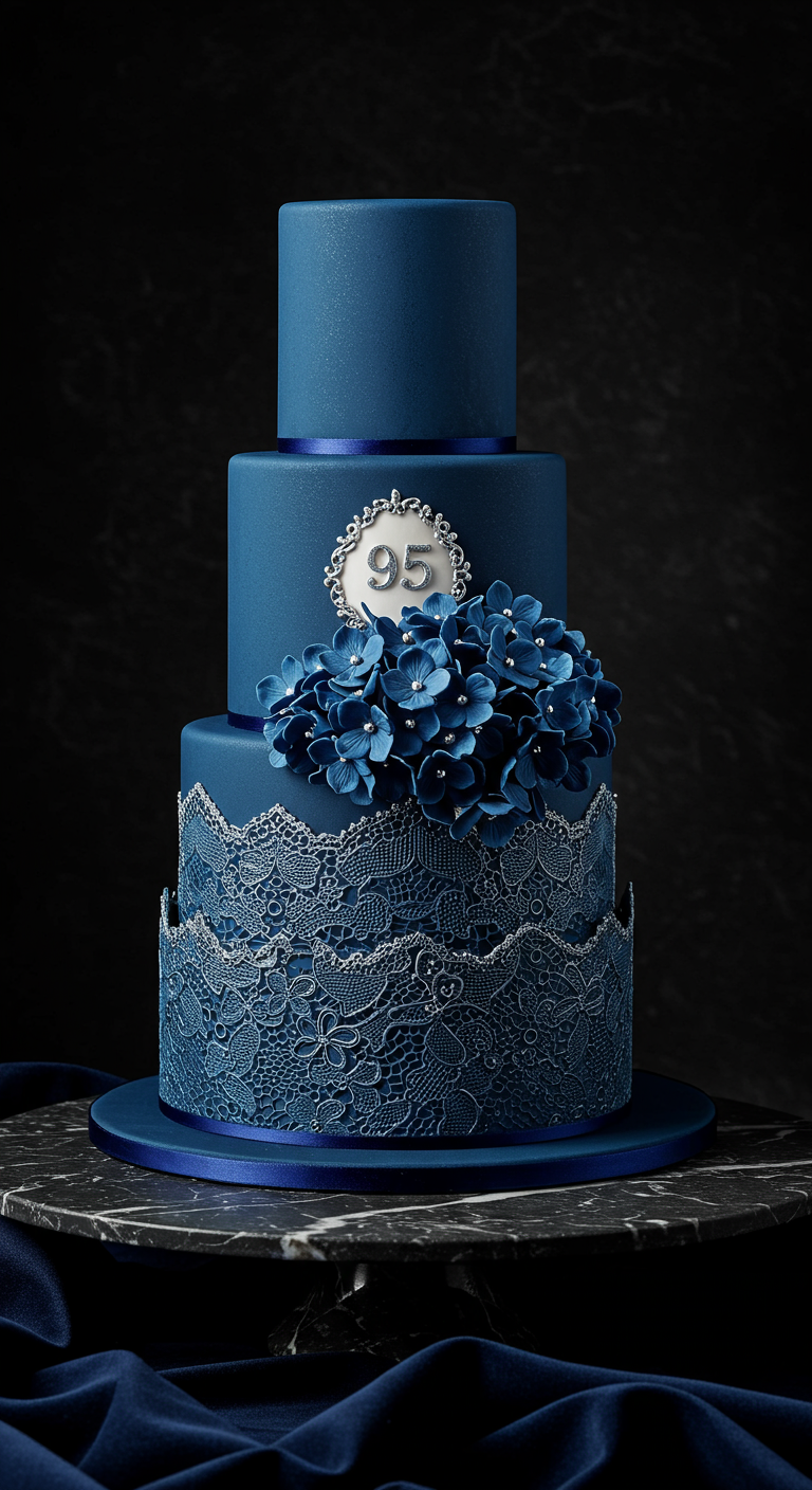 Dreistöckige marineblaue Torte mit silberner Spitze, blauen Zuckerblumen und „95“-Emblem.