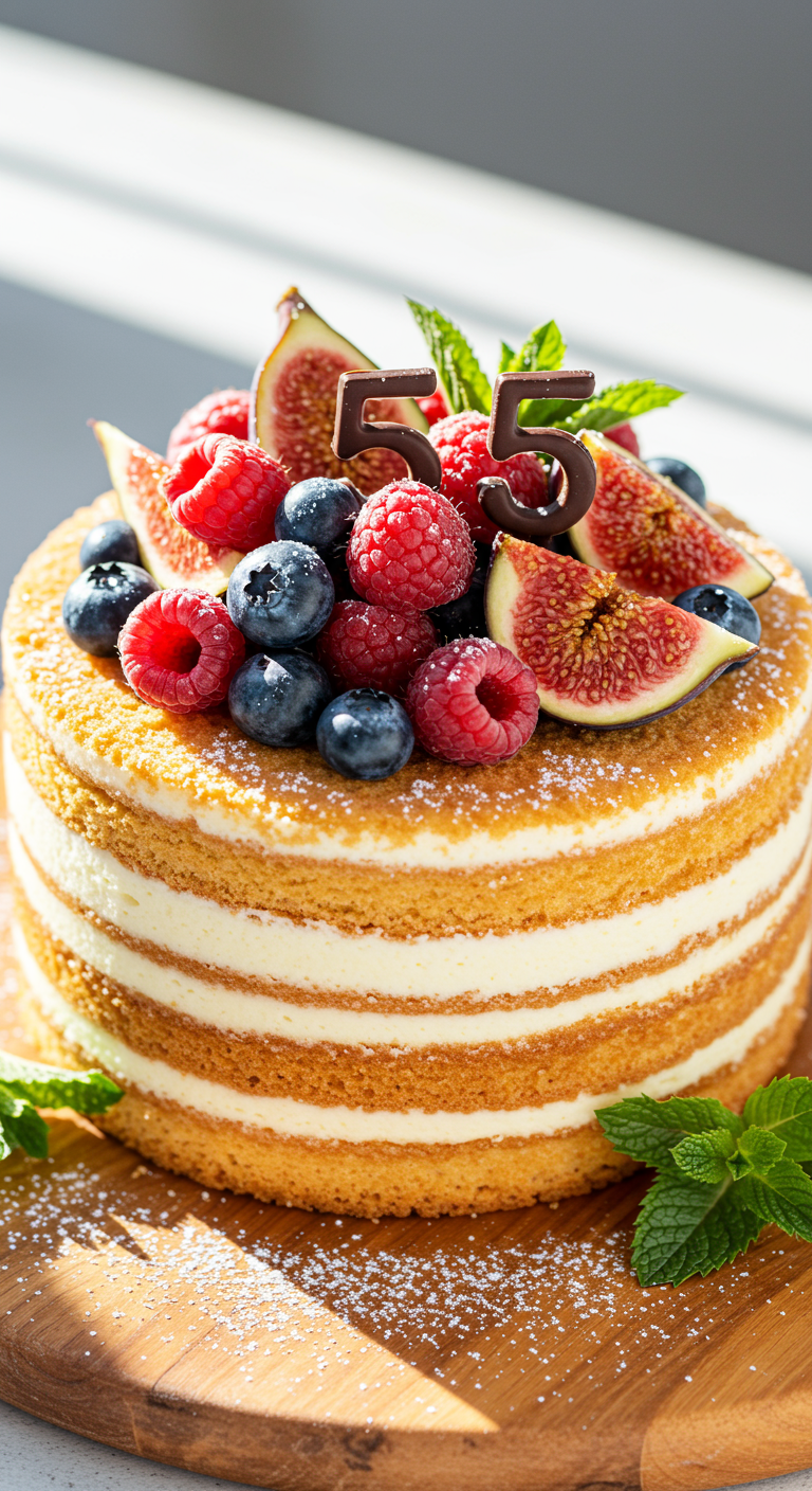 Naked Cake mit mehreren Schichten, Sahne, frischen Beeren, Feigen und Schoko-Zahl 55.