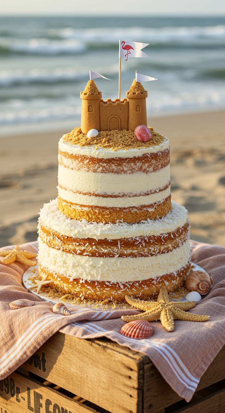 Zweistöckiger Naked Cake mit Kokosraspeln und Sandburg-Topper am Strand.