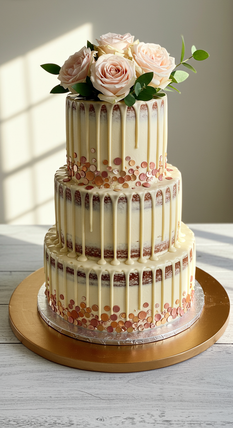 Dreistöckige Naked Cake mit weißem Drip, Roségold-Pailletten und echten rosa Rosen.
