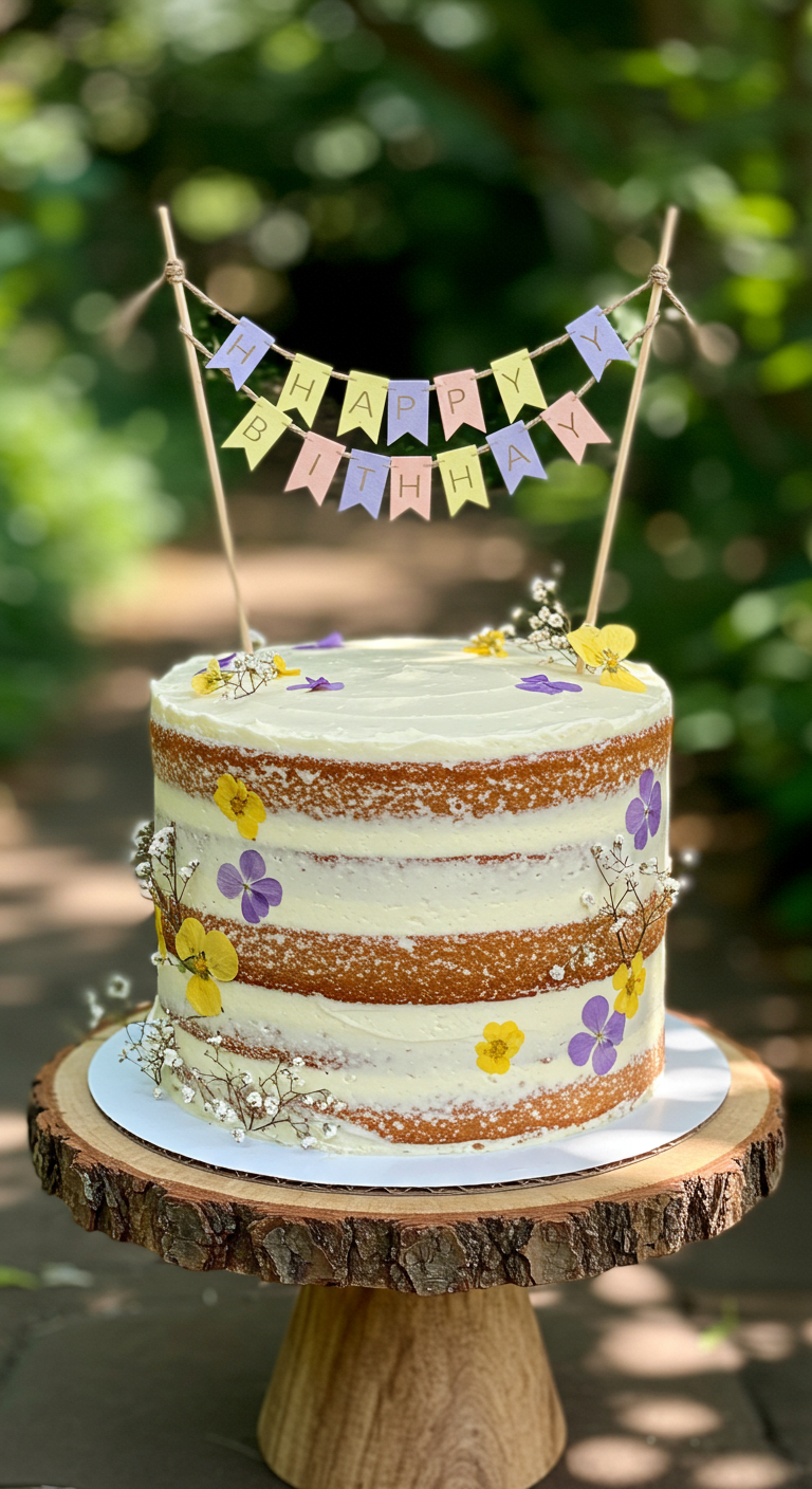 Semi-Naked-Torte mit weißer Creme, essbaren Blüten und Geburtstagsgirlande.