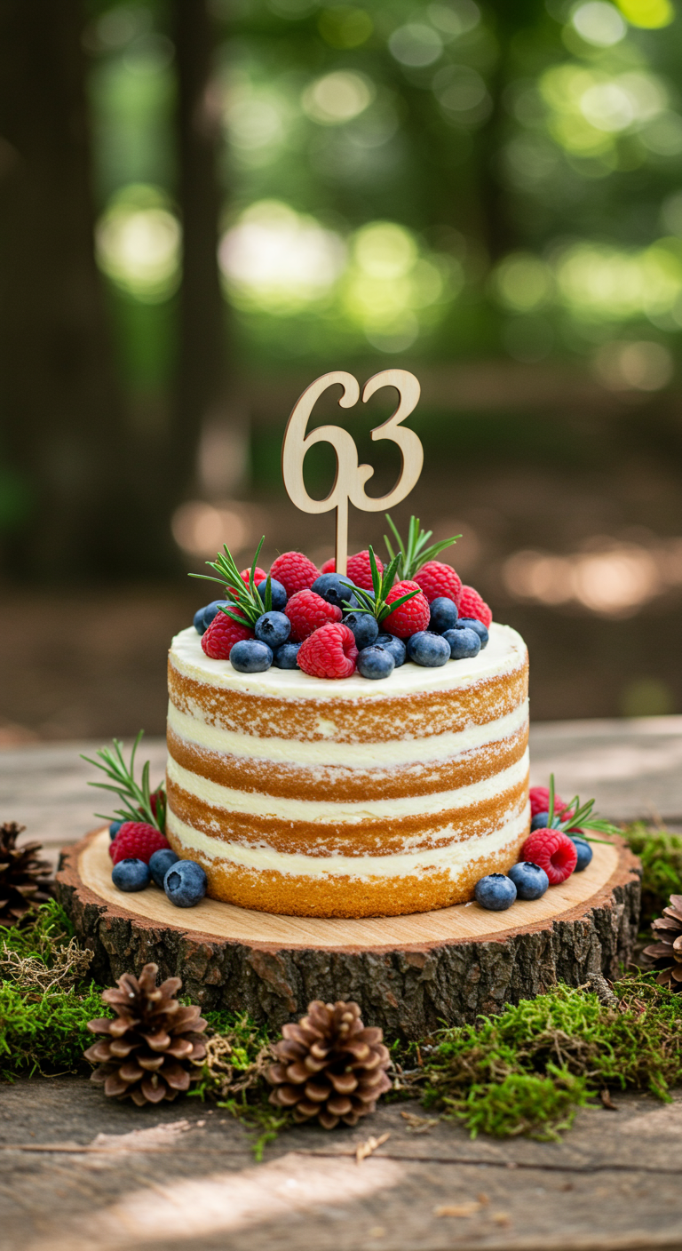 Rustikale Naked Cake mit frischen Beeren, Rosmarin und einer hölzernen 63 auf Baumscheibe.