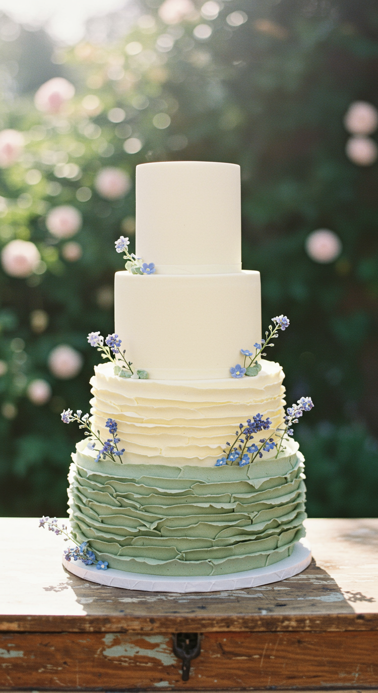 Dreistöckige Torte mit glatten weißen oberen Etagen und salbeigrünen Rüschen unten, verziert mit kleinen blauen Blüten.