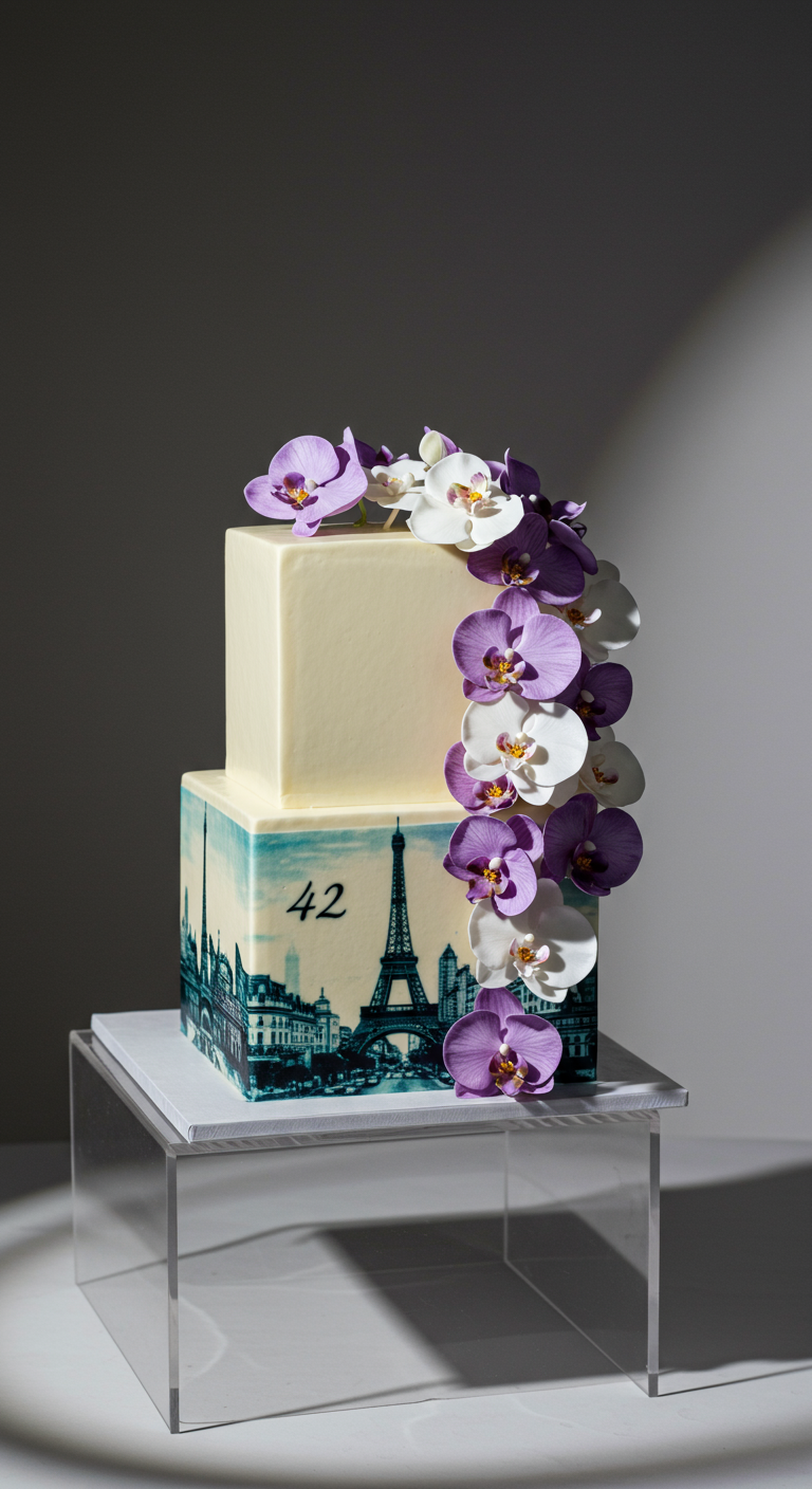 Zweistöckige Torte mit Paris-Skyline-Motiv und lila-weißen Orchideen, Zahl 42.