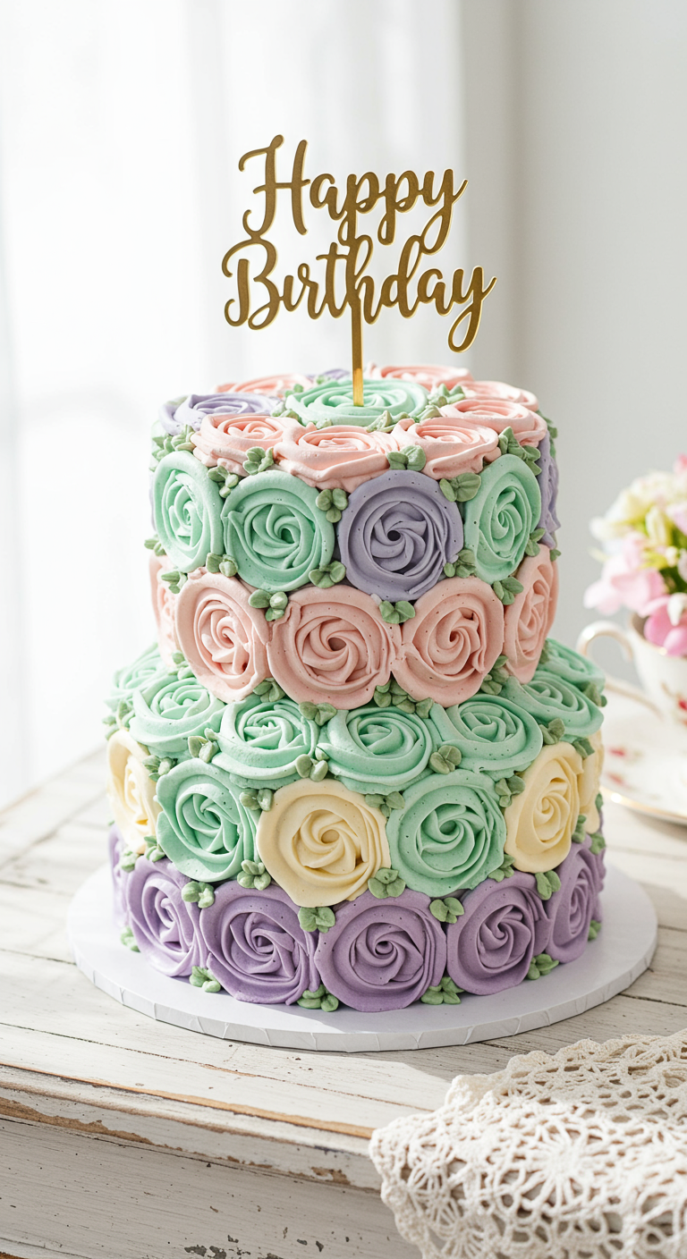 Zweistöckige Torte üppig mit pastellfarbenen Buttercreme-Rosen verziert.