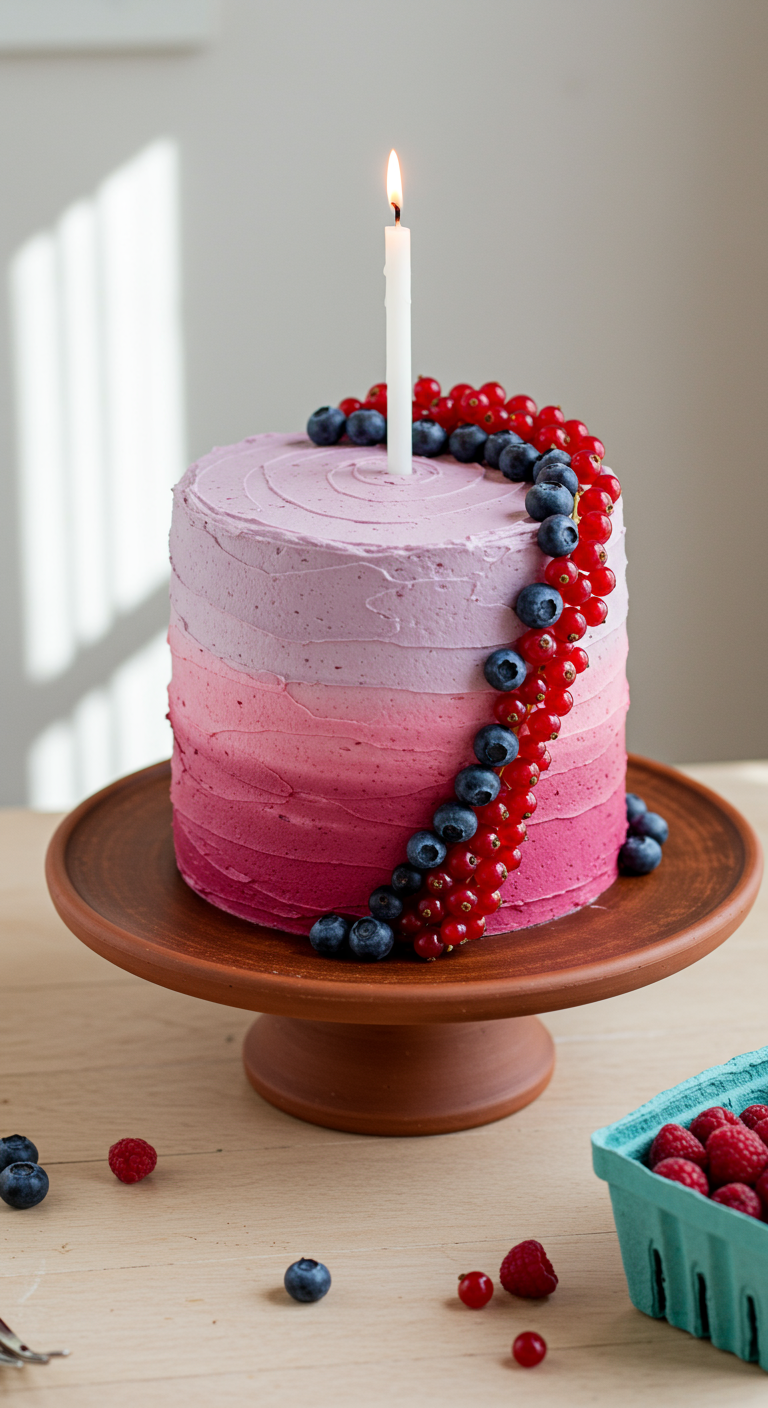 Rosa-pinke Ombre-Torte mit Beerenspirale und einer Kerze.