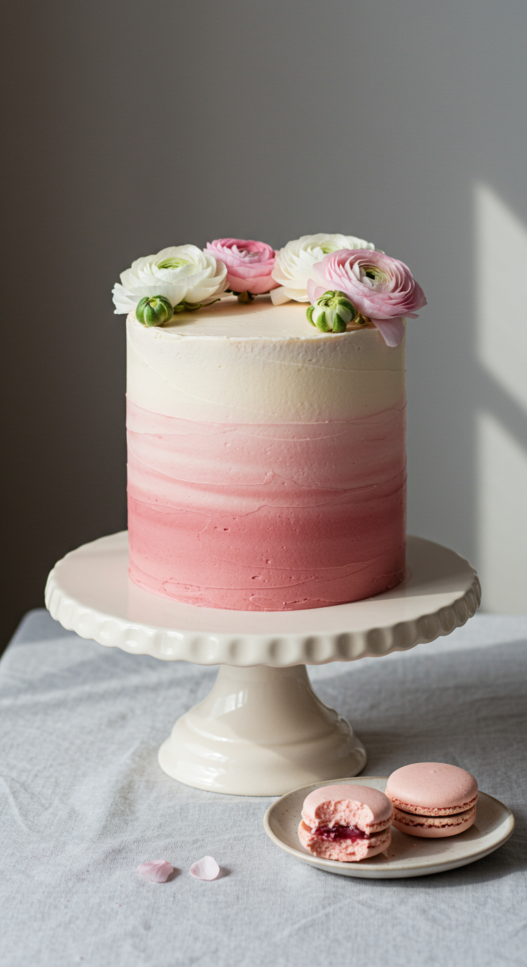 Hohe Torte mit rosa-weißem Ombré-Farbverlauf, echten Ranunkeln und Macarons.
