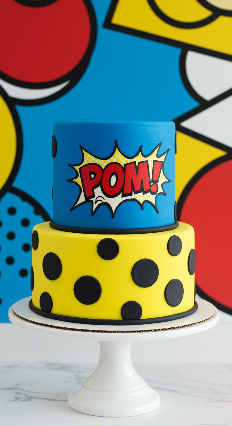 Zweistöckige Pop-Art-Torte in Blau und Gelb mit Comic-Sprechblase „POW!“.