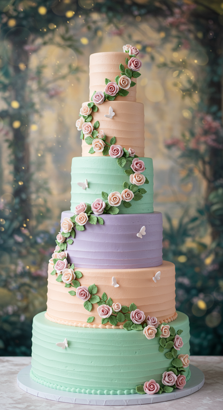 Fünfstöckige Torte in Pastellfarben mit spiralförmig angeordneten kleinen Rosen und Schmetterlingen.