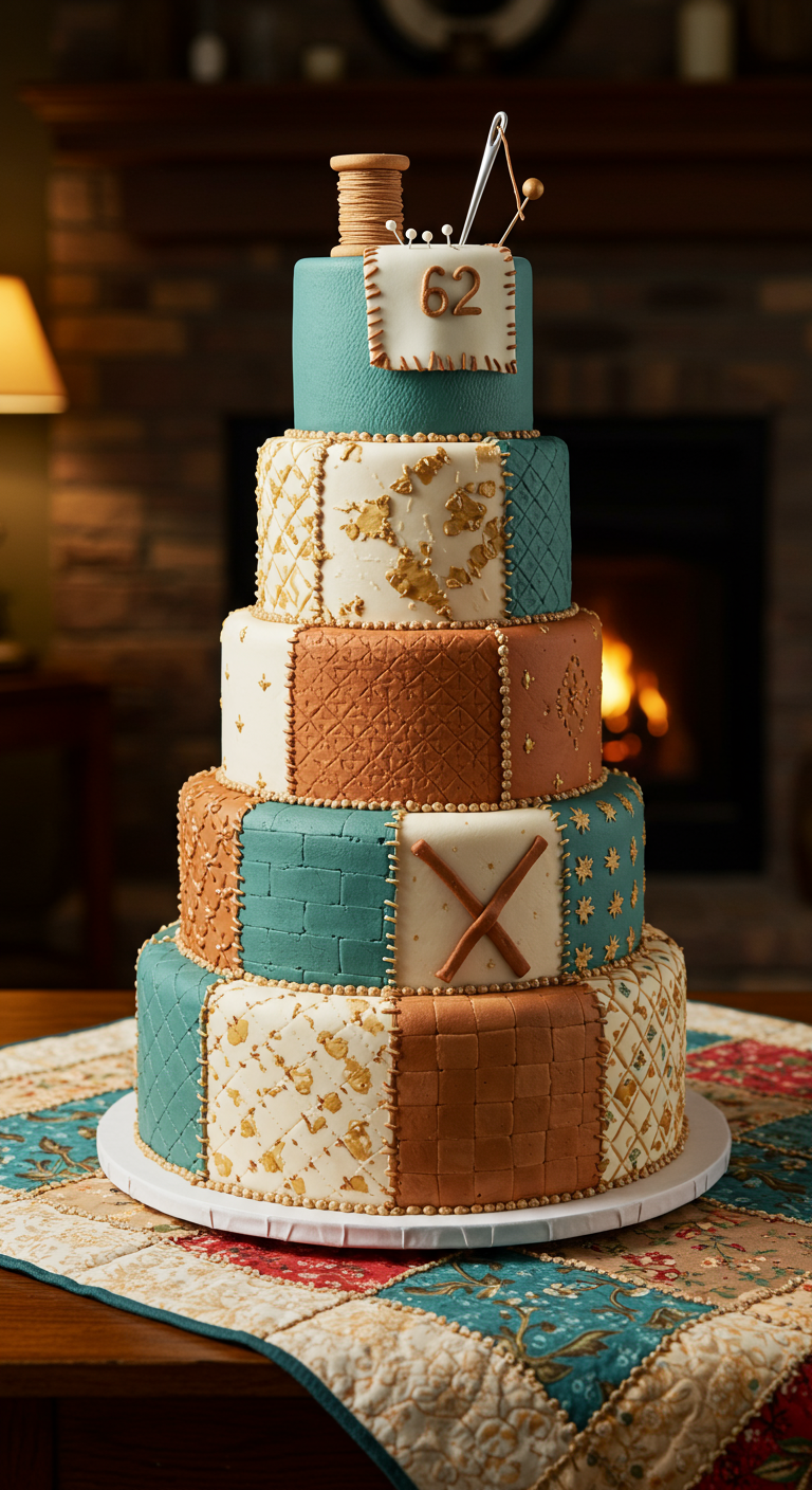 Mehrstöckige Torte im Patchwork-Design mit verschiedenen Mustern und Farben.