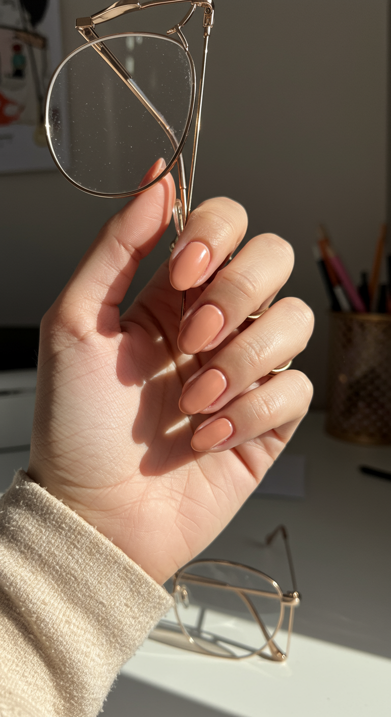 Ovale, pfirsichfarbene Nude-Nägel, Hand hält eine Brille.