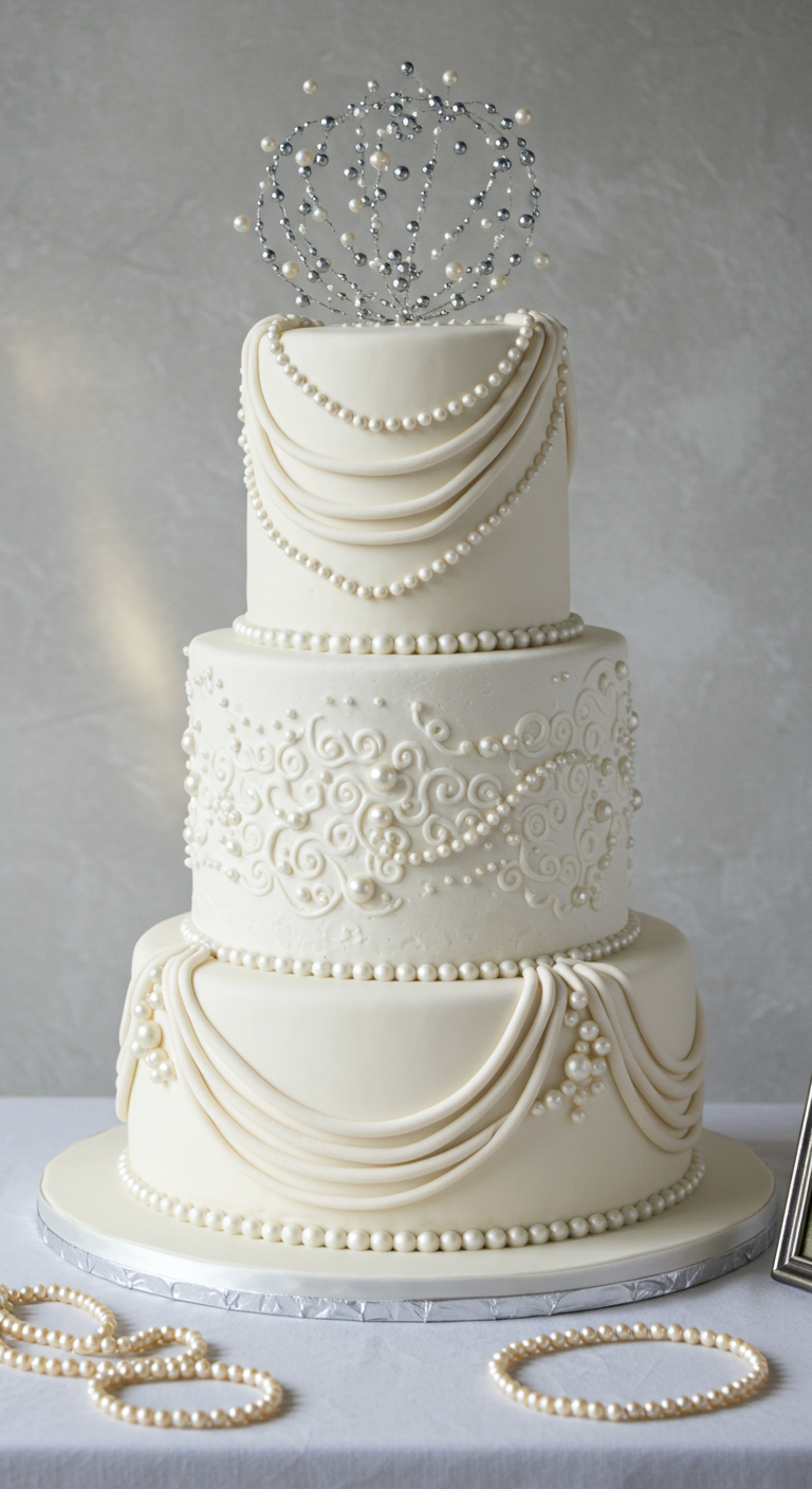 Weiße mehrstöckige Torte mit Perlengirlanden, Fondant-Drapierungen und Perlendraht-Topper.