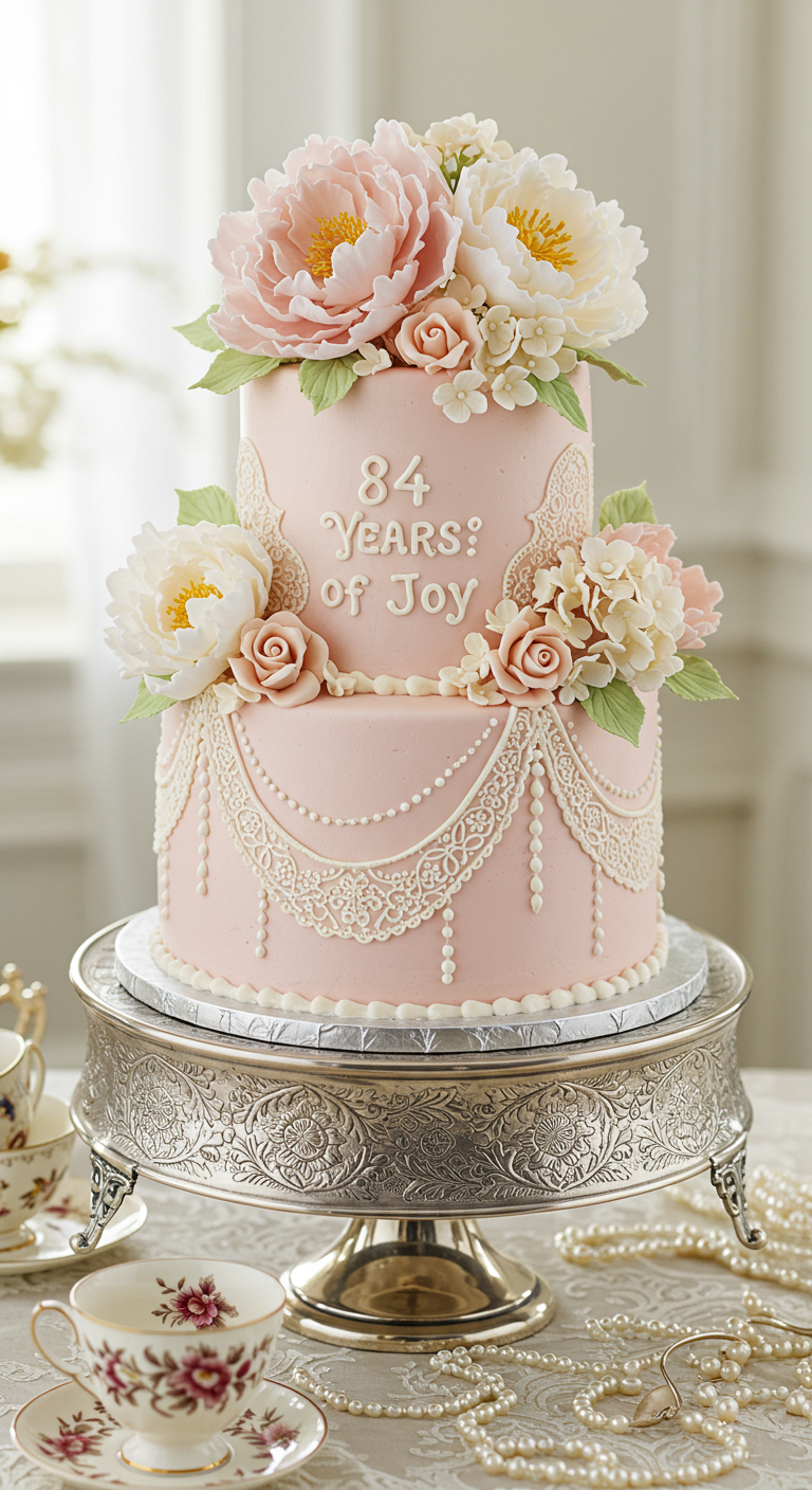 Zweistöckige rosa Torte mit filigranen weißen Spitzenmustern, Zuckerblumen und Schriftzug.
