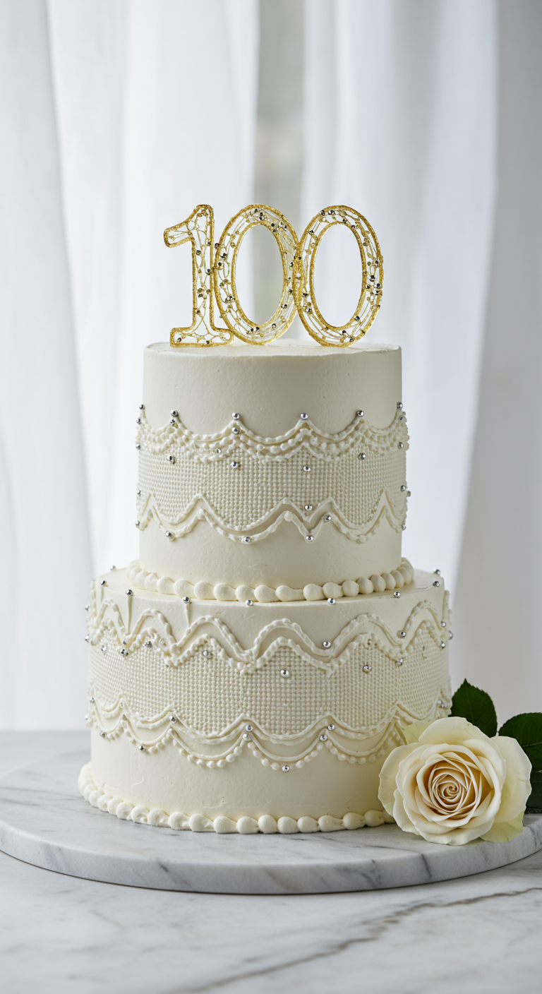 Weiße zweistöckige Torte mit feinen Buttercreme-Mustern, Silberperlen und glitzernder '100'.