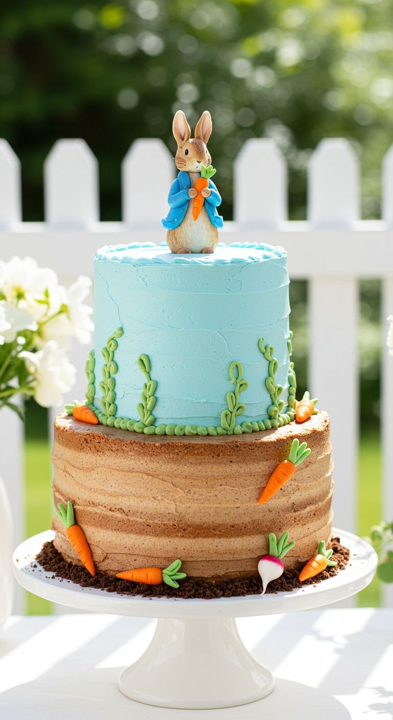 Zweistöckige Peter Hase Torte mit Karotten, erdfarbenem unteren Teil und blauem Himmel oben.