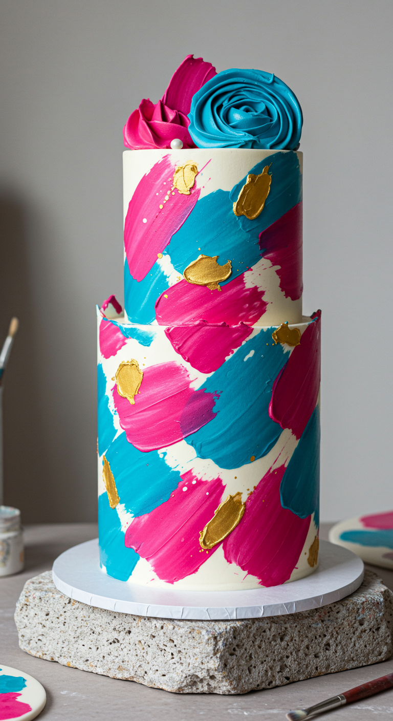 Zweistöckige Torte mit abstrakten Pinselstrichen in Pink, Türkis und Gold.