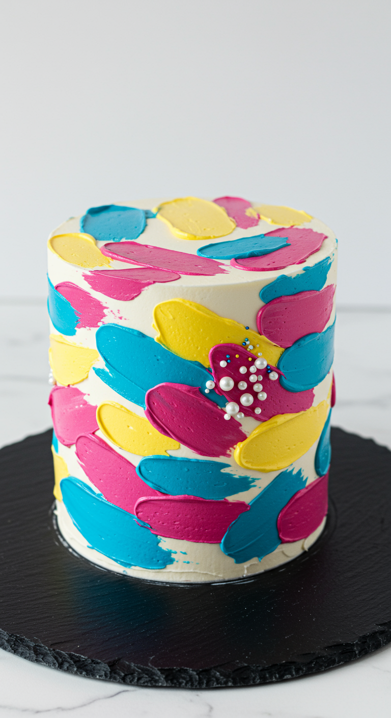 Weiße Buttercreme-Torte mit abstrakten Pinselstrichen in Pink, Gelb und Blau.