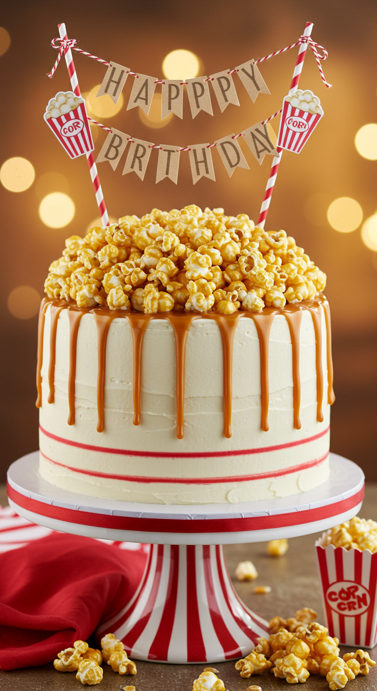 Weiße Torte mit Karamell-Popcorn, Karamell-Tropfen und