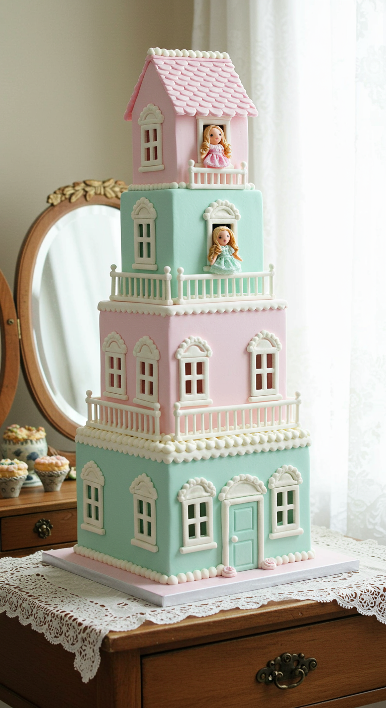 Hohe Puppenhaus-Torte in Rosa und Mintgrün mit Balkonen und Fenstern.