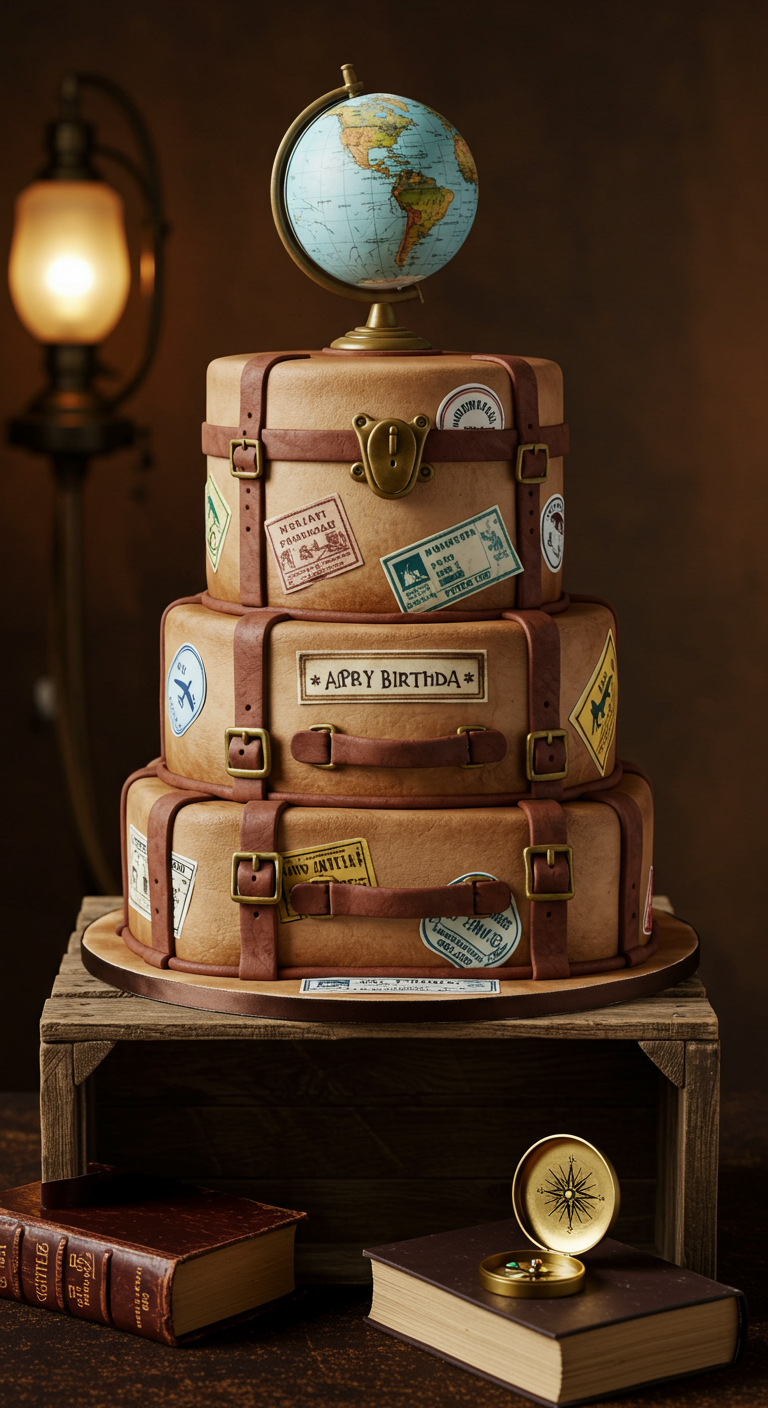 Dreistöckige Torte in Form von gestapelten Koffern mit Reiseaufklebern und Globus obenauf.