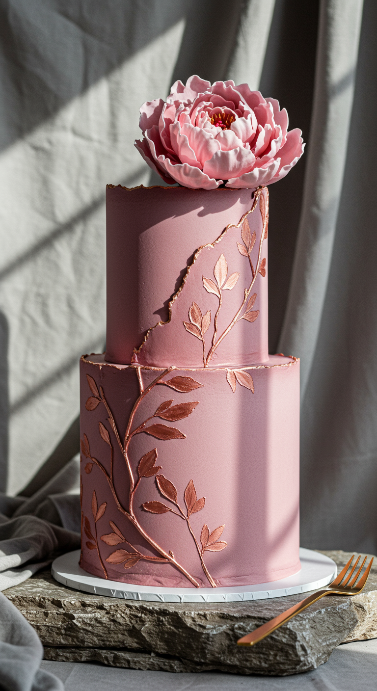 Zweistöckige rosa Torte mit roségoldenen Blätterranken und großer rosa Zucker-Pfingstrose.