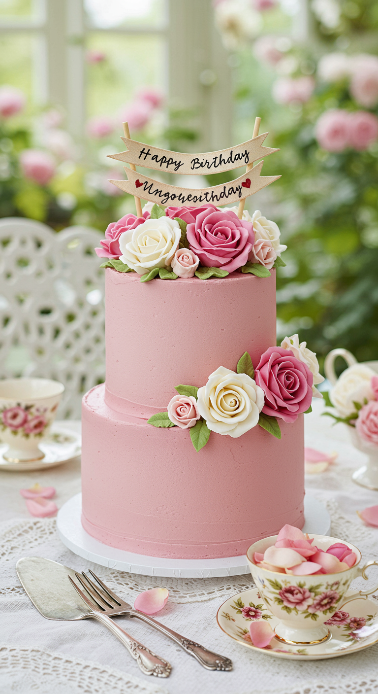 Zweistöckige rosa Torte mit Zuckerrosen und Banner.