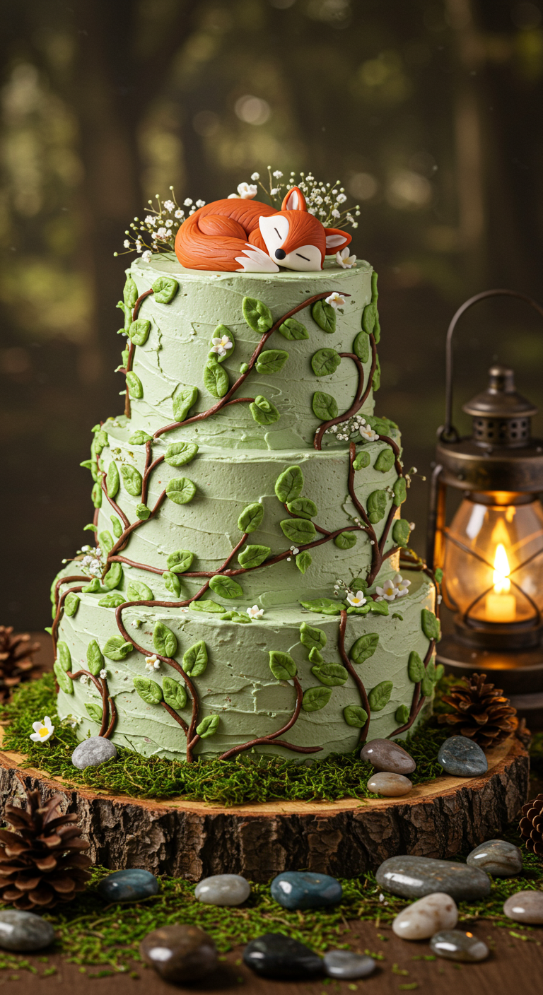 Dreistöckige grüne Torte mit schlafendem Fuchs aus Fondant und Blätterranken.