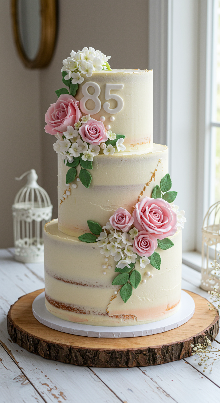 Dreistöckige Semi-Naked-Torte mit frischen rosa Rosen und weißen Blüten.
