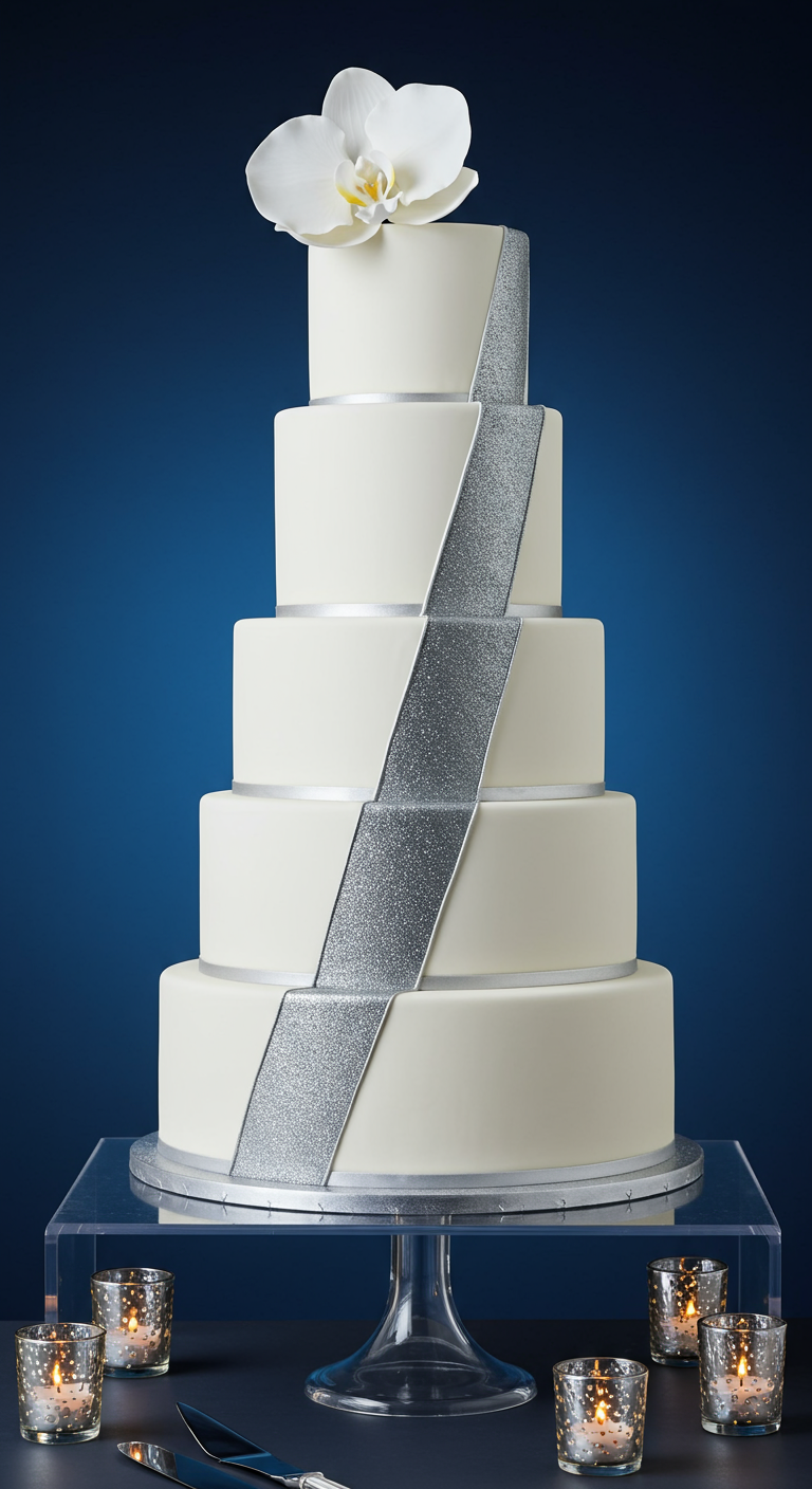 Hohe weiße Torte mit diagonalem Silberglitzerband und Orchidee.