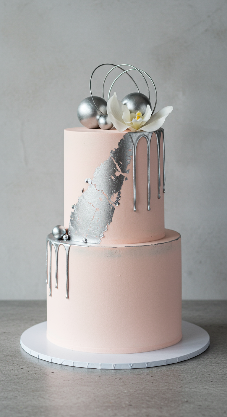 Zweistöckige rosa Torte mit silbernem Drip, Silberakzenten und einer weißen Orchidee als Deko.