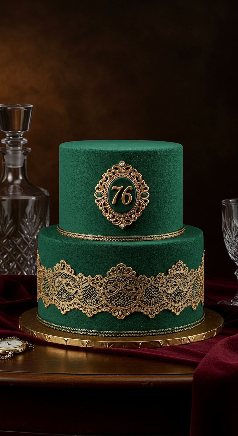 Dunkelgrüne Samt-Torte mit goldener Spitze und Zierrahmen mit Zahl 76.