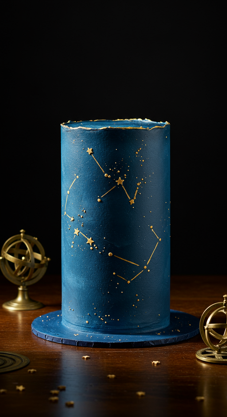Dunkelblaue Torte mit goldenen Sternbildern bemalt.