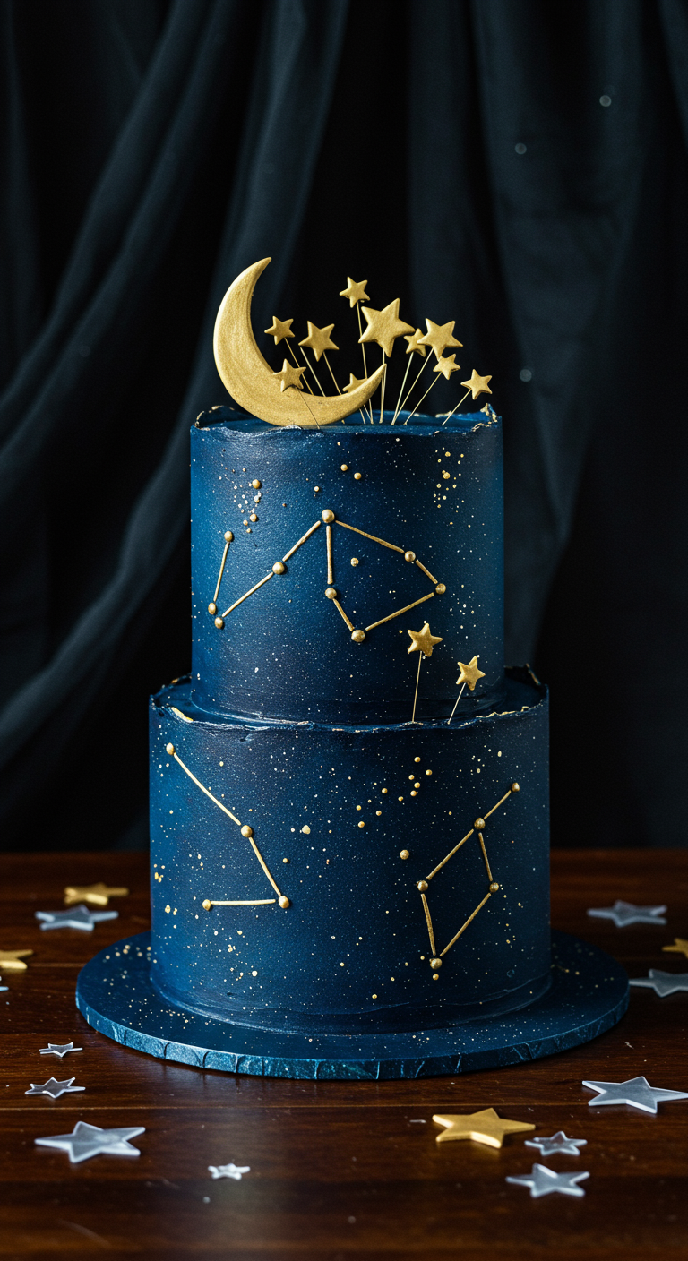 Zweistöckige dunkelblaue Torte mit goldenen Sternbildern und Sternen