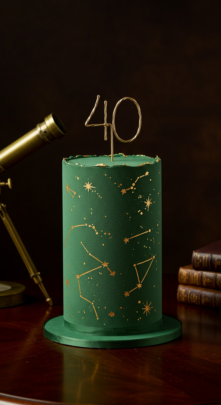 Dunkelgrüne Torte mit goldenen Sternbildern und 